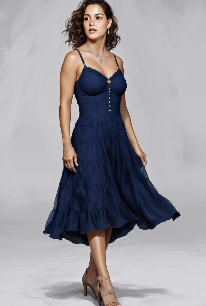 artwork in the Sr Art , A ite woman with detailed skin and large breasts stands gracefully against a neutral background,  wearing a navy blue midi dress with thin straps and a fitted bodice that flows in a ruffled skirt.  She combines the dress with beige ankle strap sandals ,  style emanating elegance and simplicity in a timeless style .