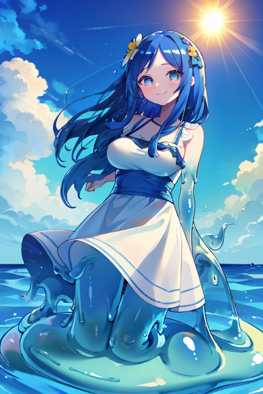 score_9, score_8_up, score_9_up, score_7_up, high quality, masterpiece, highly detailed, solo, (((blue slime girl))), long hair, medium breasts, sun dress, smile, sunny sky, windy, flowing hair, flowers