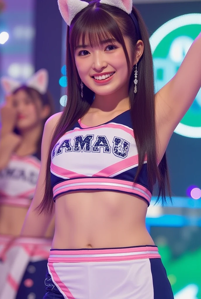 Best-quality, Masterpiece, Ultra-High-Resolution, (Photorealistic:1.4), Raw-Photo, Extremely-Details, Perfect-Anatomy, 

((1girl, -yeld, thost popular Japanese idol and the most popular Japanese cheerleader, (wearing yellow sleeveless cheerleader's tight shirt, wearing yellow cheerleader's pleated mini skirt with cute design, wearing light pink cheerleader's bloomers), upturned extremely beautiful ass)), cowboy-shot, ((innocent smile, looking at viewer, dynamic pose, (extremely cute face like a most famous Japanese idol, extremely beautiful big black solid circle eyes, extremely beautiful black hair), extremely beautiful white skins))