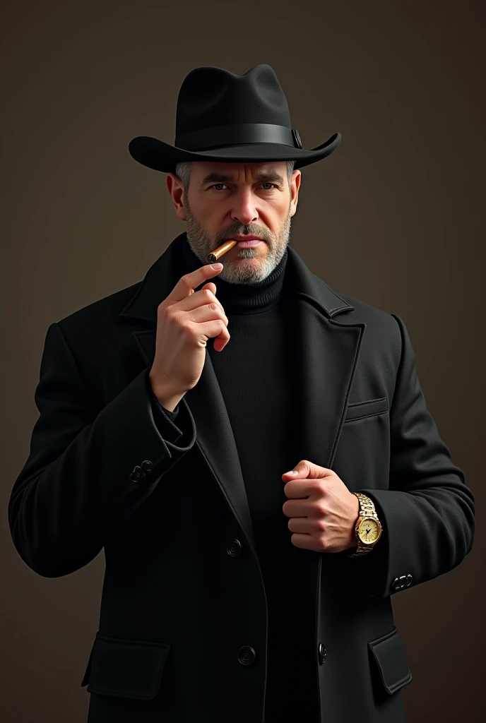 Photography studio, natural lights on the subject, dark background, blurred background, portrait of man in beige suit looking to the side, , smoking a cigarillo, slick back hair, subtle beard , elegance, professional pose,