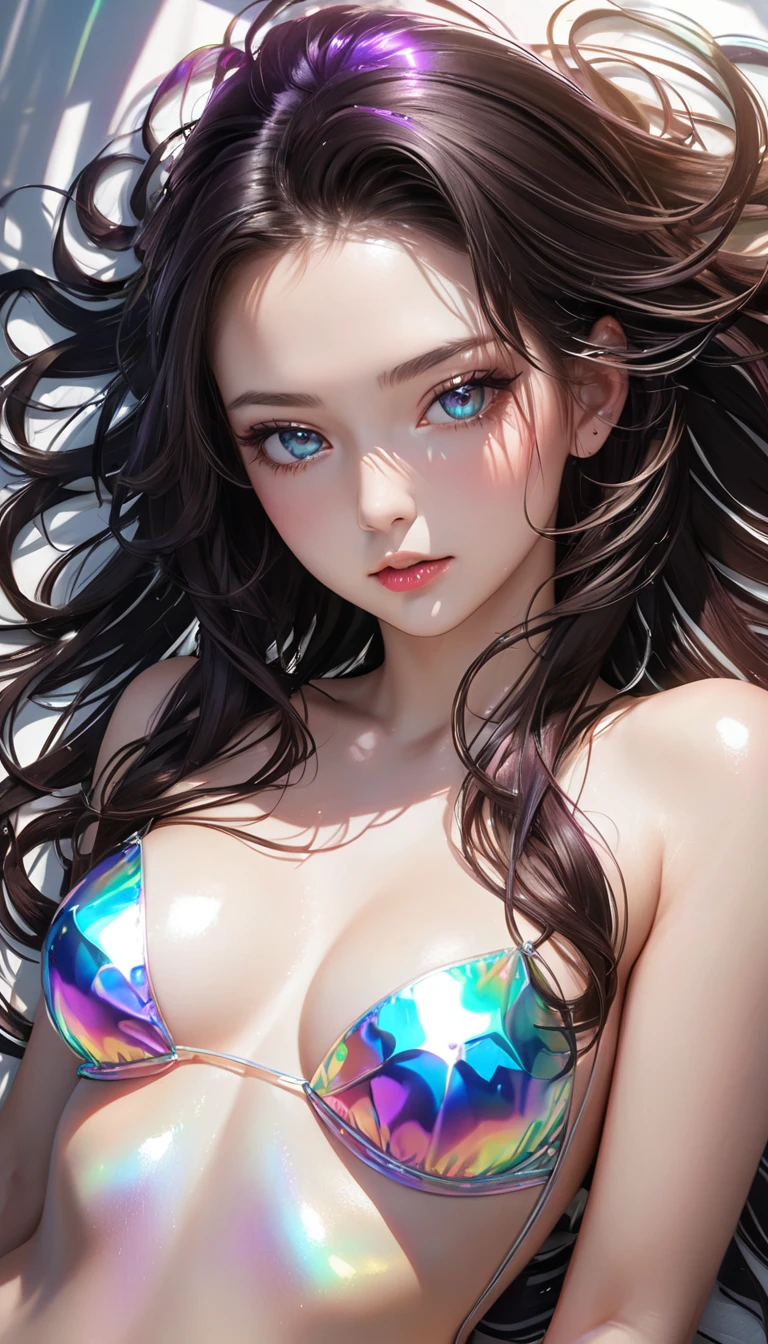 kawaii beauty, striking beautiful eyes, glossy silky messy hair, amorous and lewd expression, perfect proportions, wearing transparent iridescent naturally luminous, delicate and dynamic textures, contrasts of light and shadow, 2.5D, artistic photography, hyper realistic, digital graphic CG, ultra detailed, absolutely resolution, best quality