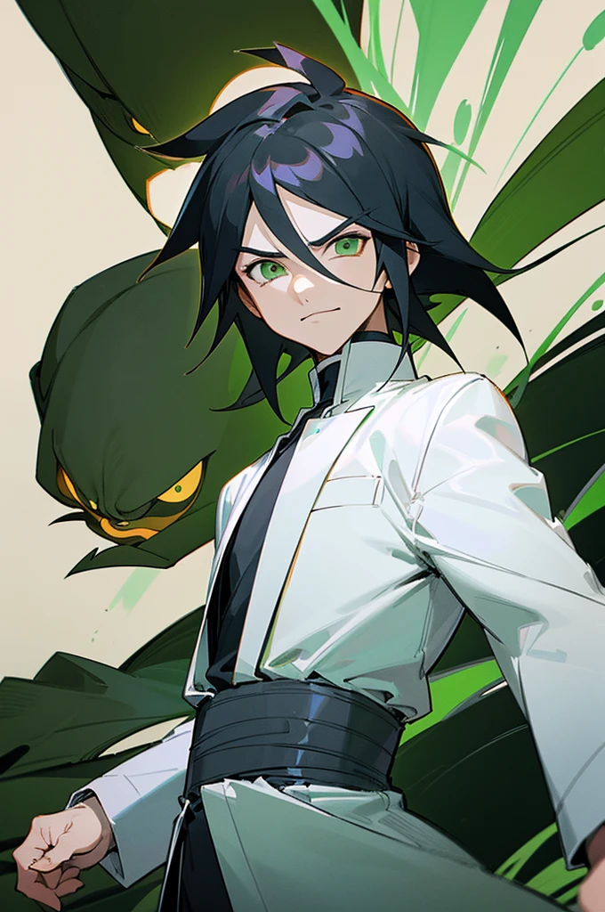 masterpiece, best quality, ((1man)), Black hair, green eyes, serious expression, smiling, waist up,line art,medium hair, white blazer,black t-shirt, expressionless eyes,((Tite Kubo style))