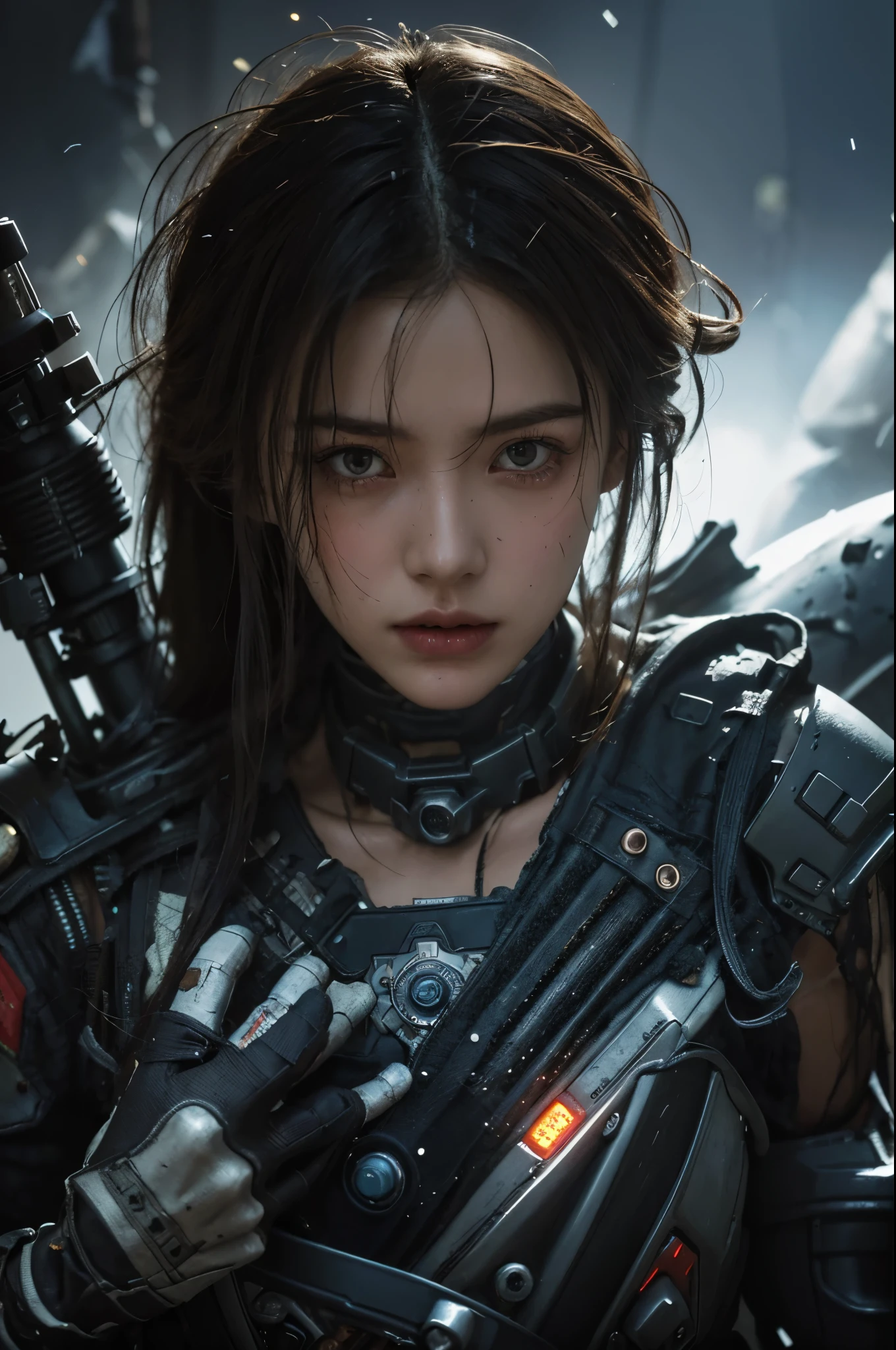 A hyper-realistic portrait, photorealistic photo close-up image of In a desolate battlefield strewn with the wreckage of towering mechs, a solitary pilot emerges from the wreck of her fallen machine, her face streaked with soot and grime. As she limps forward, the twisted metal around her begins to hum with a strange energy, rising into the air as if pulled by an invisible force. The pilotâs cracked visor reflects the glowing core of the battlefield, where the heart of an ancient AI lies dormant, slowly awakening. Her hand instinctively reaches for the knife at her belt, her eyes wide with the realization that this is no ordinary fightâitâs the resurgence of a forgotten war. The scene captures the gritty, mechanical beauty of a post-apocalyptic world, with an eerie sense of impending doom, drawing from the detailed mech designs of Ghost in the Shell and the dark, cyberpunk tone of William Gibsonâs work. (photography, high-resolution, dynamic, energetic,hyper-realistic, dramatic lighting, shallow depth of field.)