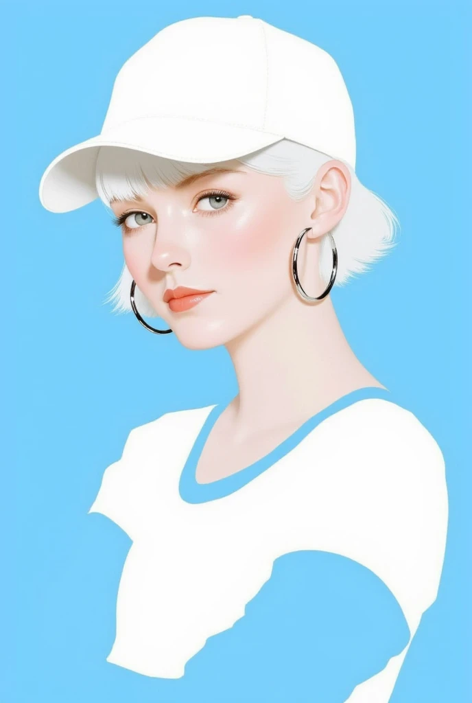 GMF,CEA,Fadeaway,Create an artistic portrait of a modern girl with short platinum white hair, wearing a white baseball cap, large round earrings, and an outfit in white and blue tones. The background should be a bright, minimalist blue to highlight the character, with a gentle and sophisticated expression.