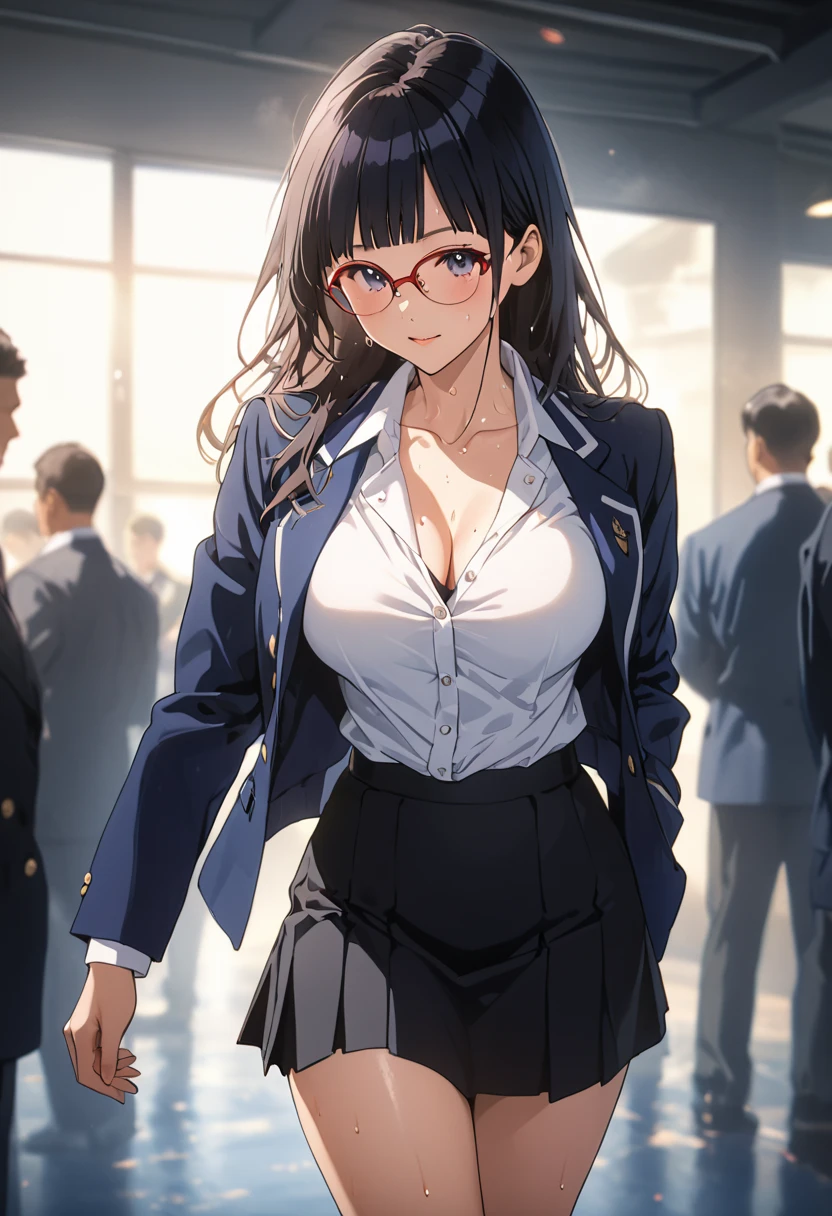 masterpiece, Best Quality, High resolution,16k,official art,super detailed skin,detailed,animated painting, (Asuka Tanaka:1.3),1990s \(style\),(navy jacket,white shirt,black mini skirt:1.3)、(E-cup beautiful breasts)、clevage, (tall:1.2),height: 170cm,Fashion model body type、Sweating all over the body、vapor、Muscular、(sexy),nsfw,Sweaty、Configuration from the front、happy,Anime-style painting style,black Hair,long Hair、red glasses,Close up on full body,Cinematic lighting,Superfine,in the school,winter,(sexy),