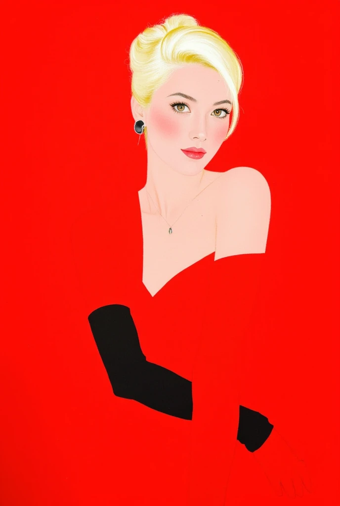 GMF,Fadeaway,CEA, Illustration Portrait of a young woman with platinum blonde hair tied back, posing confidently against a vibrant red background. She wears a contrasting outfit of red and black, with soft lighting accentuating her sharp facial features. Her eyes are delicately made up, and her lips are a soft pink. The overall style is modern and minimalistic.