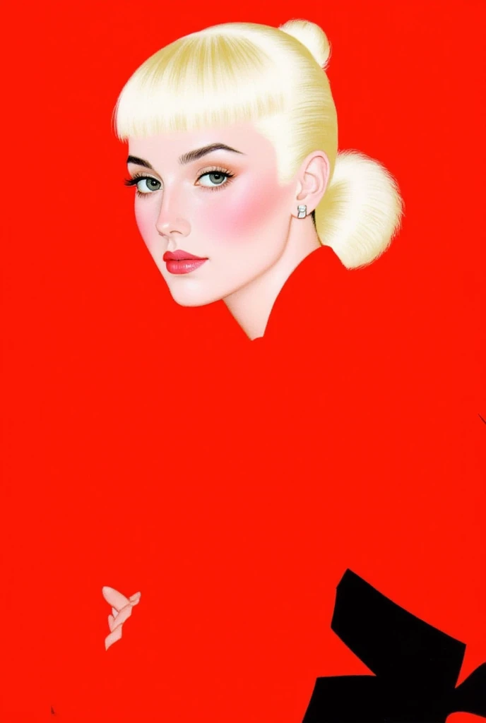 GMF,Fadeaway,CEA, Illustration Portrait of a young woman with platinum blonde hair tied back, posing confidently against a vibrant red background. She wears a contrasting outfit of red and black, with soft lighting accentuating her sharp facial features. Her eyes are delicately made up, and her lips are a soft pink. The overall style is modern and minimalistic.