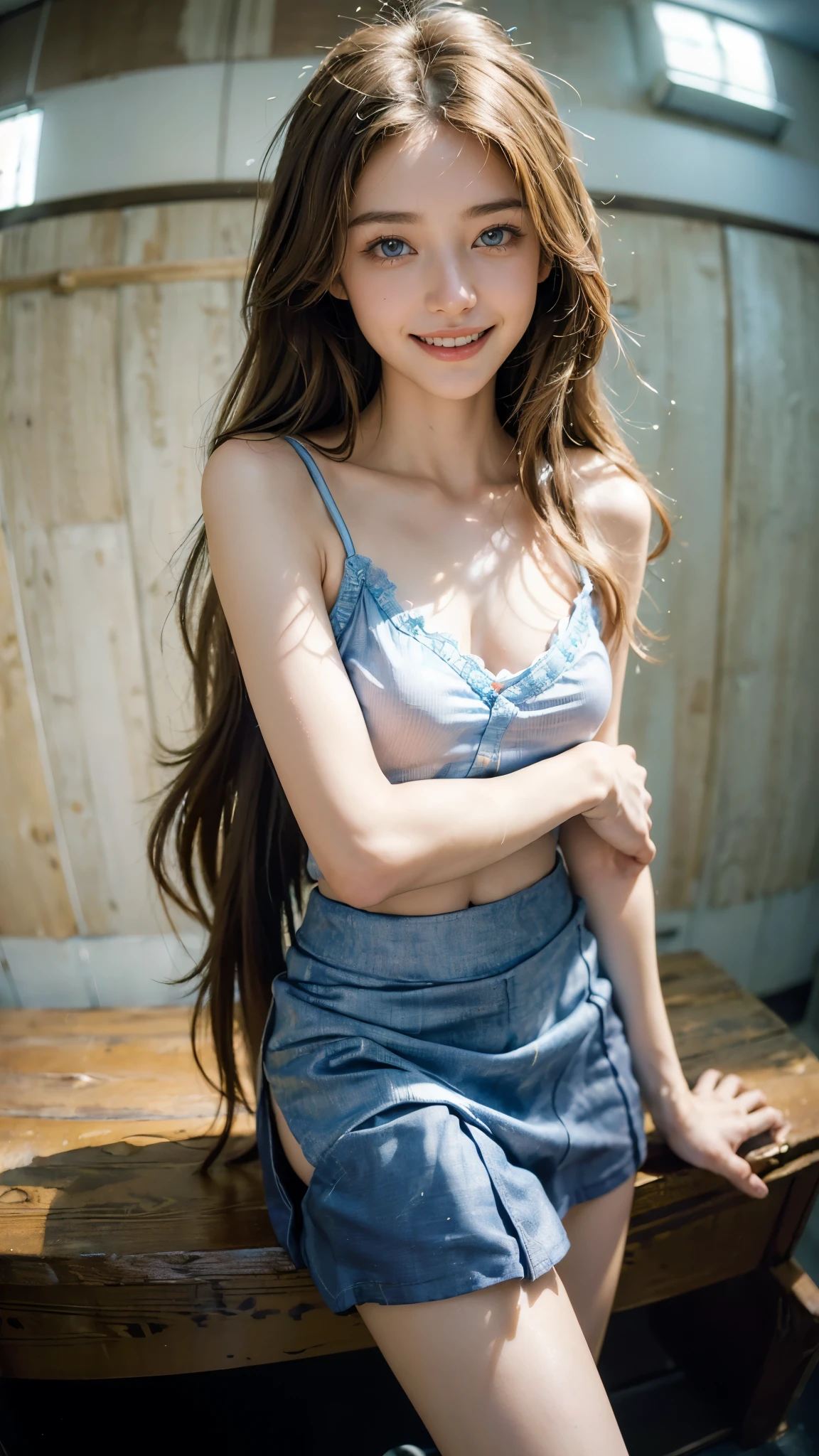 masterpiece, Highest quality, Ultra-high resolution, detailed illustration, Portraiture, detailed, One Girl Standing In Studio, , Long Hair,little blue dress, carrying a long white wallet,, smile, whole body, White flower, Show Left Shoulder, very Long Hair, Light brown hair, shut up, For the audience, bangs,Big Breasts,1.2