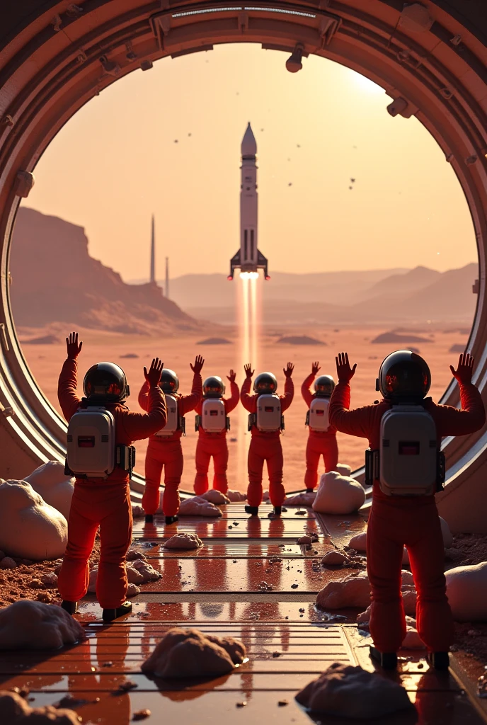 Mars, red planet wasteland, dry, several human made structures domes and connectors, connected into landed space rocket, several astronauts in eva suit cheering and holding banner with text: (Happy new year 2025 Earth!) 