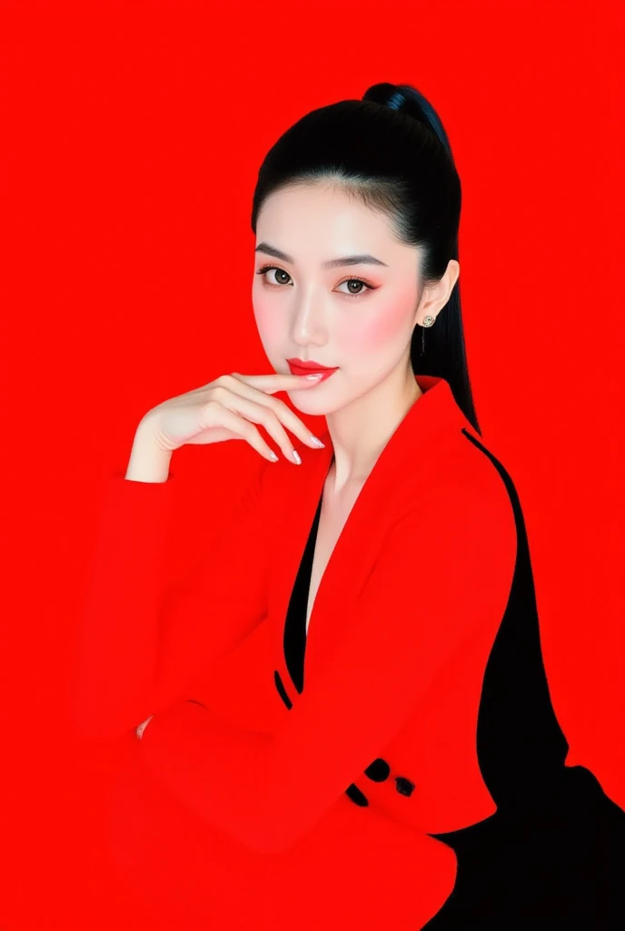 GMF,Fadeaway,CEA, Illustration Portrait of a young woman with black hair tied back, posing confidently against a vibrant red background. She wears a contrasting outfit of red and black, with soft lighting accentuating her sharp facial features. Her eyes are delicately made up, and her lips are a soft pink. The overall style is modern and minimalistic.