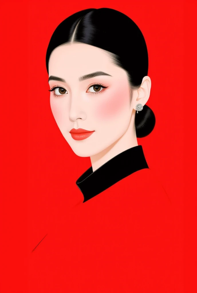 GMF,Fadeaway,CEA, Illustration Portrait of a young woman with black hair tied back, posing confidently against a vibrant red background. She wears a contrasting outfit of red and black, with soft lighting accentuating her sharp facial features. Her eyes are delicately made up, and her lips are a soft pink. The overall style is modern and minimalistic.