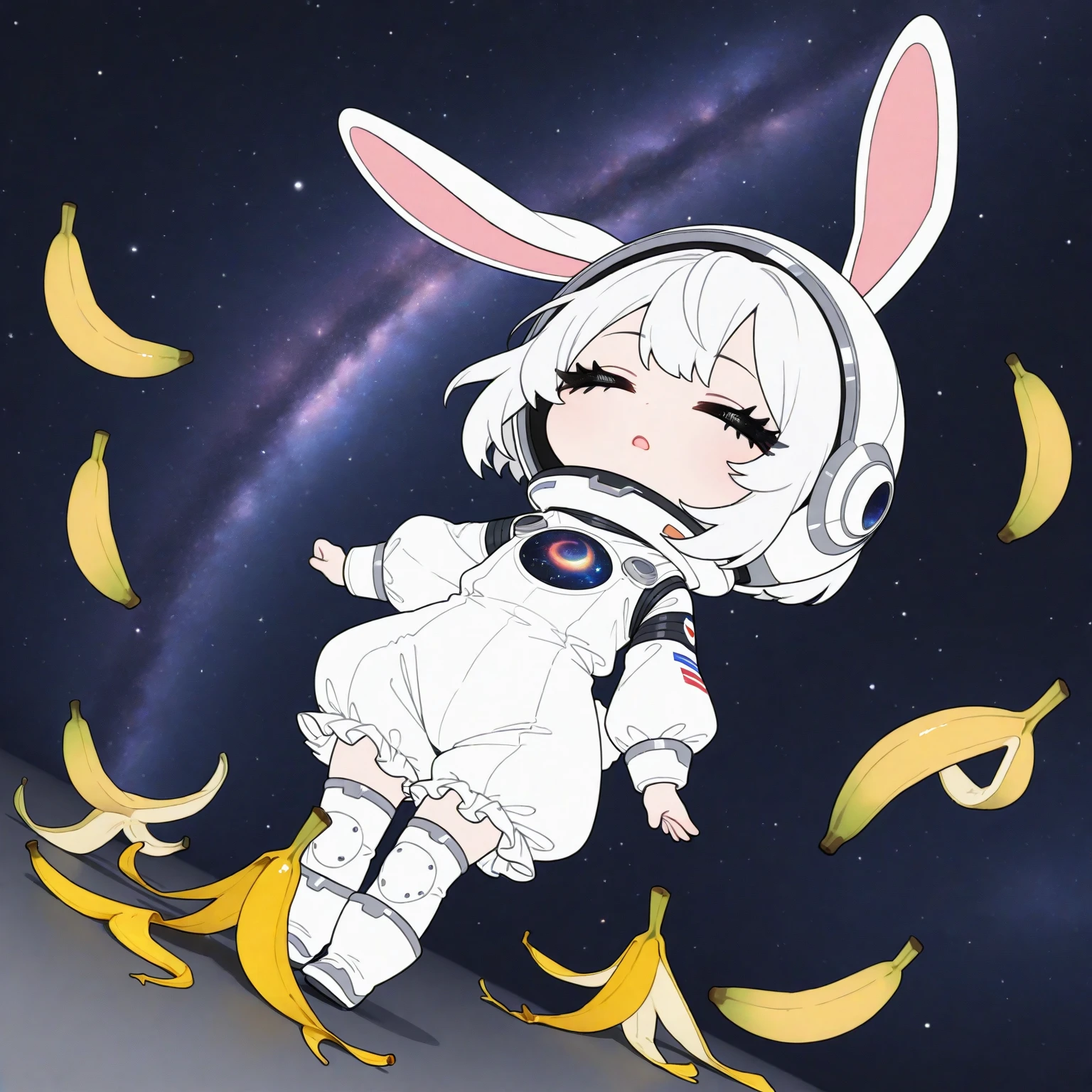 (solo),1girl\((chibi:1.3),cute,kawaii,shiny short white hair, bunny ears, (closed eyes), (black long eyelash:1.2), expressionless face,open mouth,beautiful skin,white frilled romper spacesuits,(1white rabbit-tail:0.6),full body, drifting beautiful cosmic space,helmet\), many banana (peel:1.2), masterpiece, best quality, very aesthetic, highres, absurdres, 3d,minimalist,longshot,dynamic angle,comedy mood,(flat color)