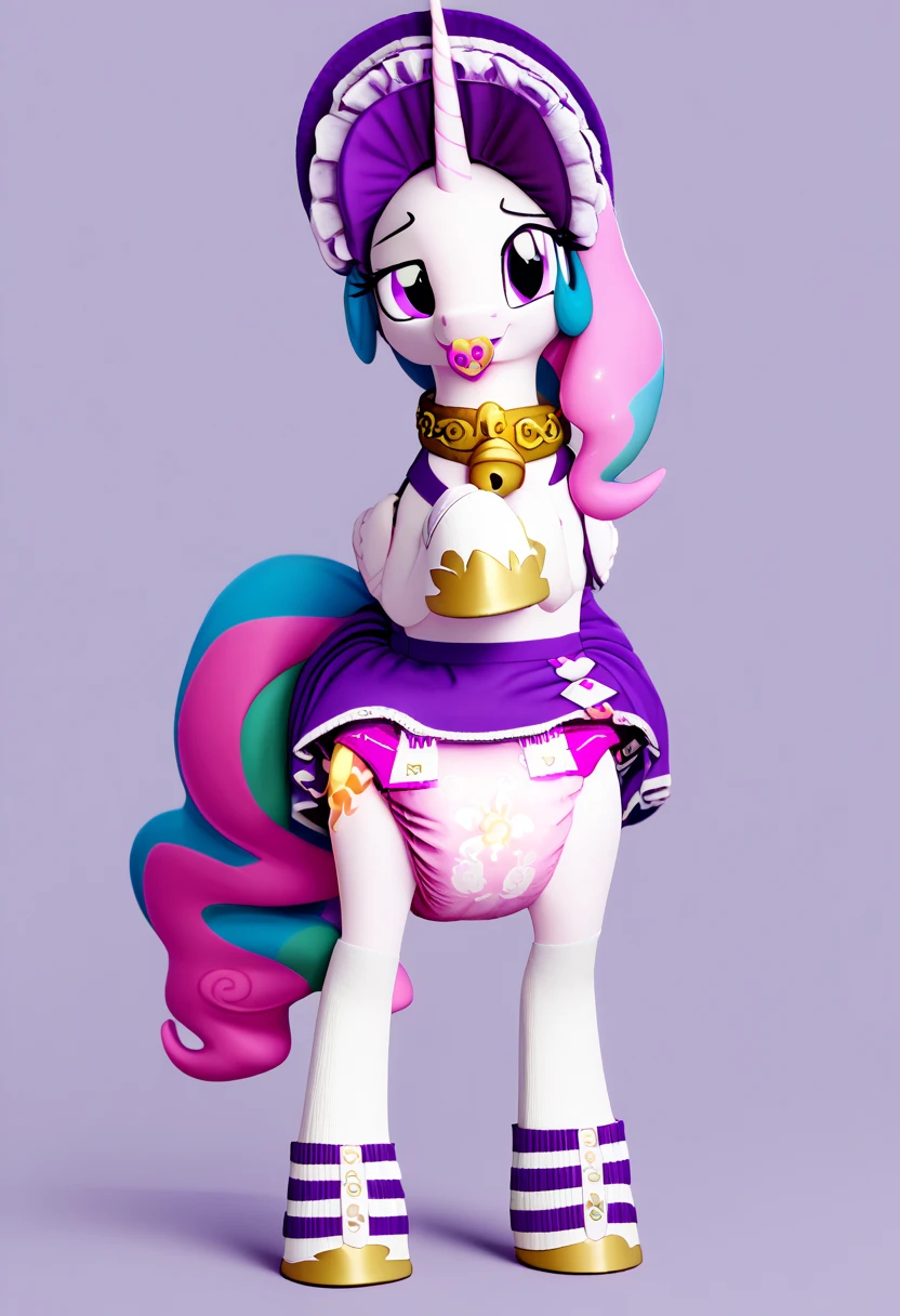 alicorn pony alone , adult mare, Princess Celestia,  on top of them, most of the mane is wrapped in a dark light bonnet with white trim on the edges , there is a small pigtail on the back with two bows ,  purple eyes , lies on the changing table,  wide open back hooves ,  dressed in ornate official black and white with the addition of dark pink with the addition of golden places of white,  black and purple to the onency maid with ruffles and ruffles and a short skirt ,  on the neck there is a steel collar with a purple tint and a bell ,  white stockings and black booties over hoof socks ,  big white pacifier mouth gag with straps , thick diaper under clothes, on top of the diaper, a black chastity belt , solo,  simple background.