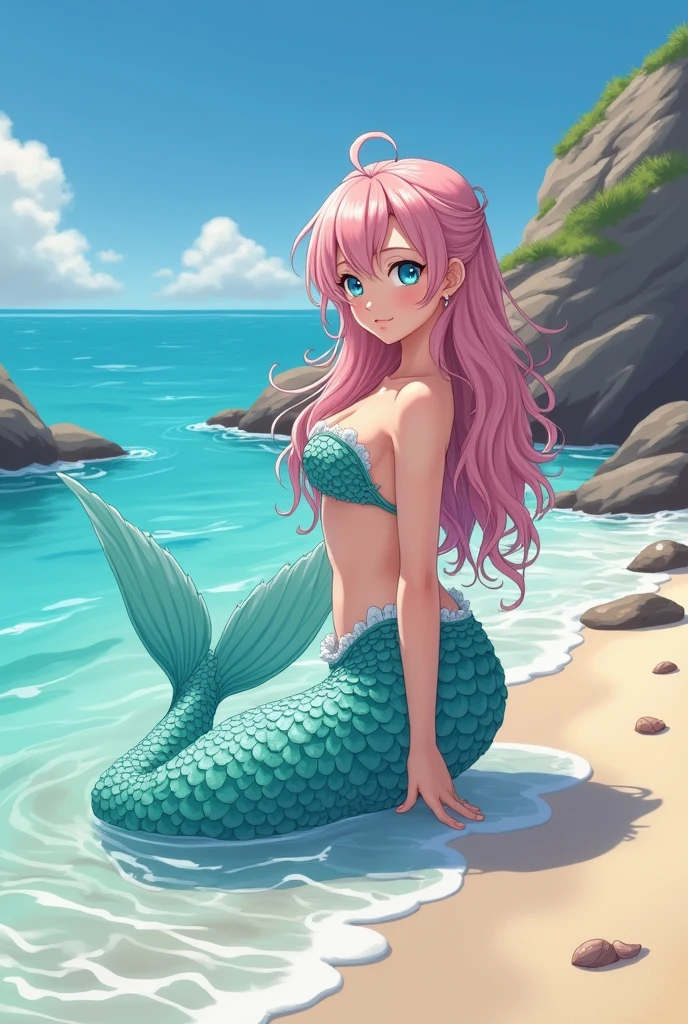 masterpiece, best quality:1.2), 1girl, smile, looking at viewer, green eyes, short brown multicolored hair, mermaid, mermaid girl, wearing purple seashell bra, laying on belly on beach, colorful mermaid tail, outdoors, head fins, fin ears