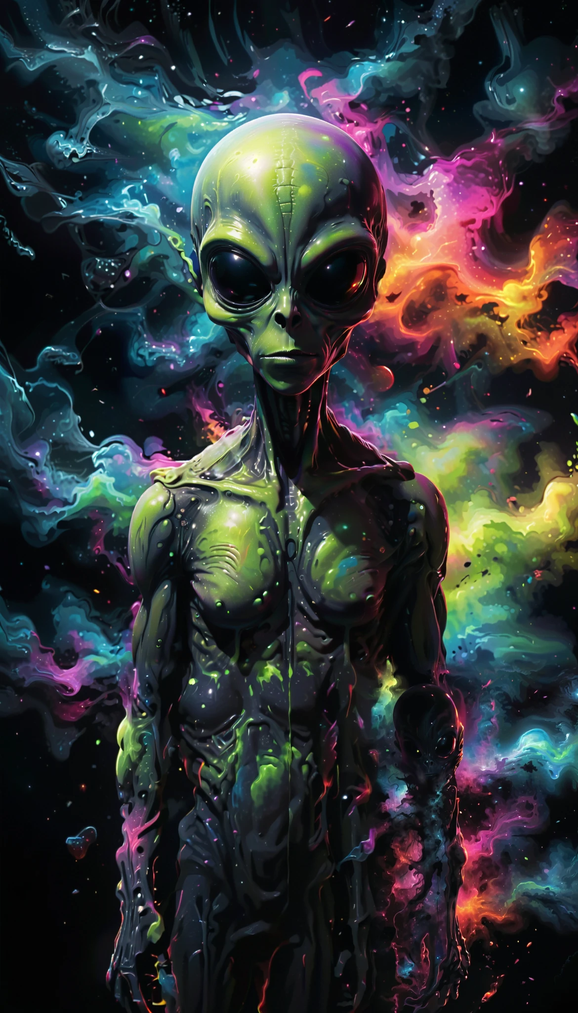 a lonely alien silhouette floating in the inky black darkness of space, graphic t-shirt vector, contour, white outline background, hyperrealistic, highly detailed, 8k, volumetric lighting, dramatic chiaroscuro, vibrant neon colors, cinematic composition, moody atmosphere