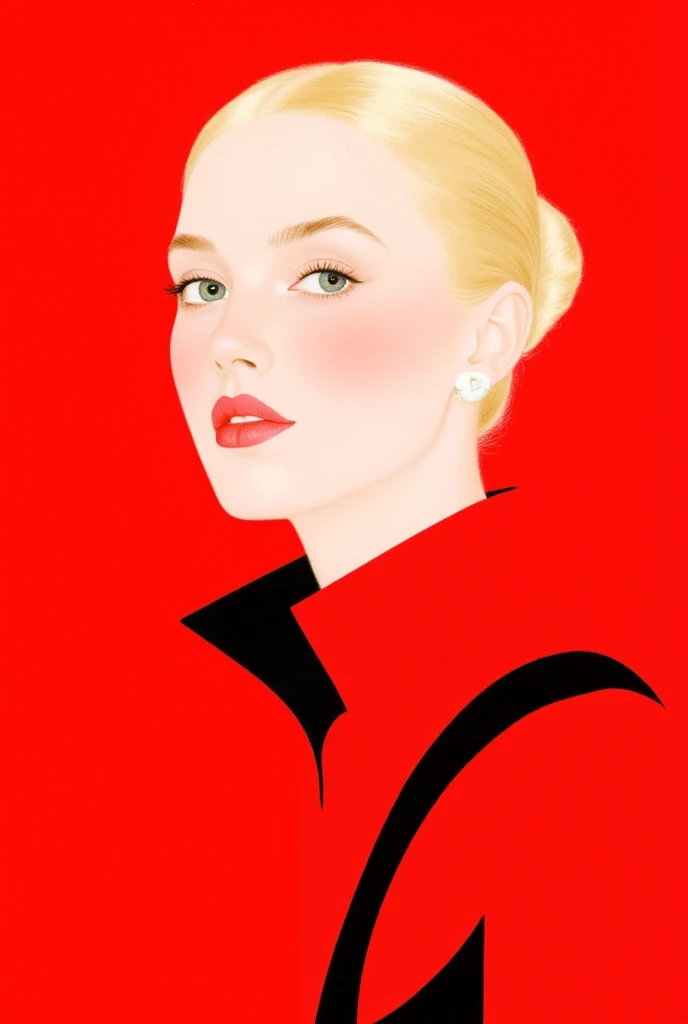 GMF,Fadeaway,CEA, Illustration Portrait of a young woman with platinum blonde hair tied back, posing confidently against a vibrant red background. She wears a contrasting outfit of red and black, with soft lighting accentuating her sharp facial features. Her eyes are delicately made up, and her lips are a soft pink. The overall style is modern and minimalistic.