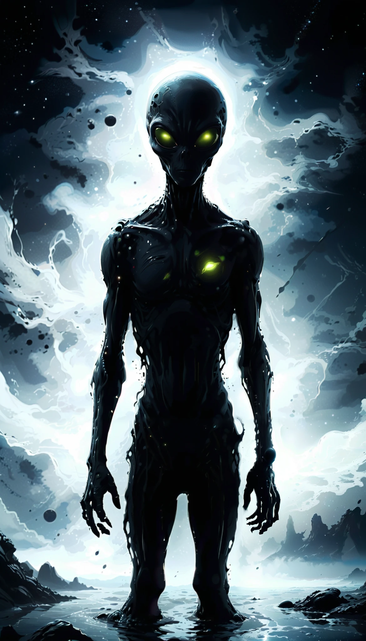 in the inky darkness of space, the silhouette of a lonely alien , That floats , Vector graphic t-shirt , Contour, white border background