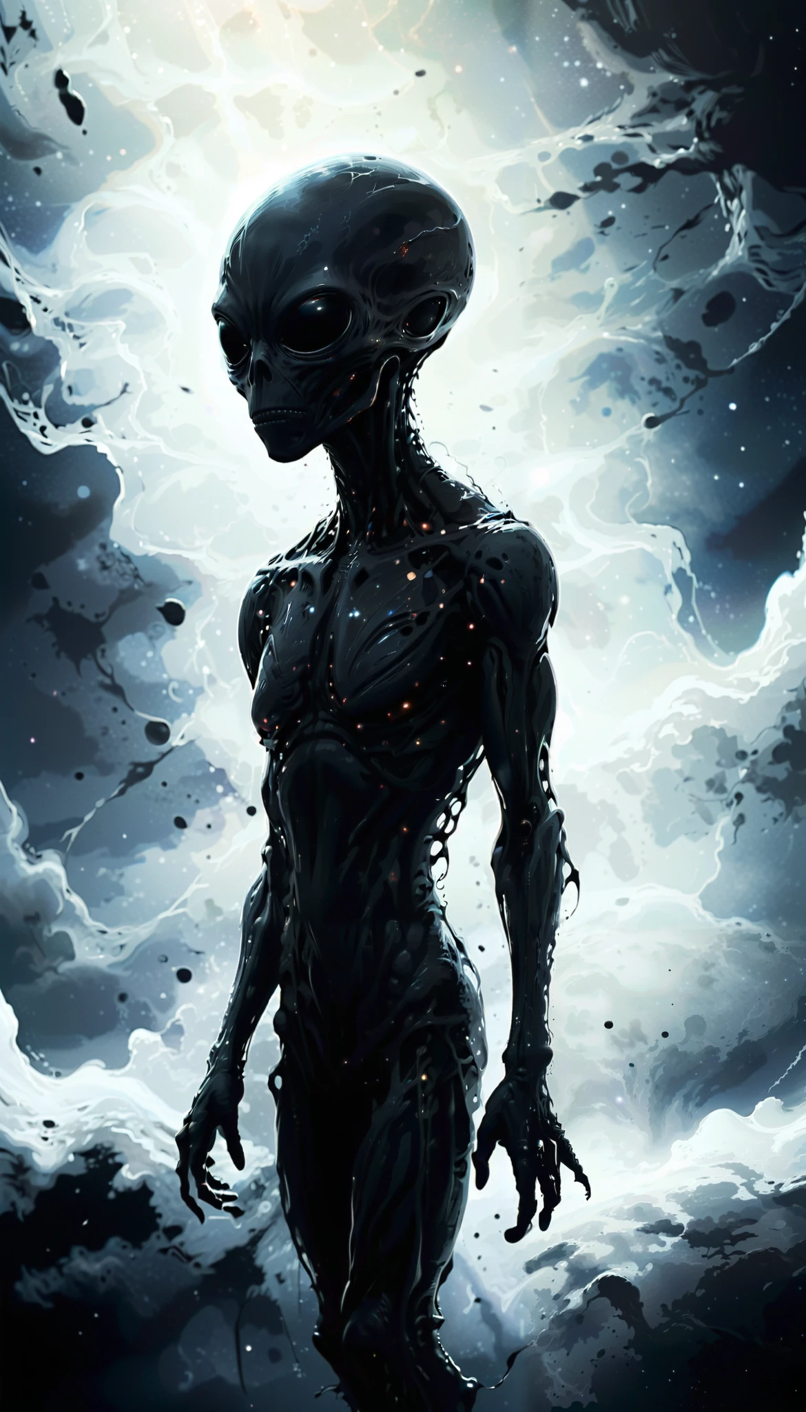 in the inky darkness of space, the silhouette of a lonely alien , That floats , Vector graphic t-shirt , Contour, white border background