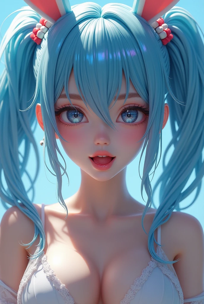 One girl, Twin tails, Blue Hair/Light blue hair, Bunny ears, Large Breasts, Earrings, Anatomically correct, Shiny Hair, Open your mouth, tongue, 