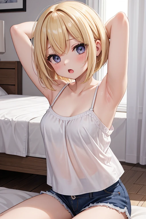 (masterpiece、top-quality、hight resolution、photos realistic、real looking skin:1.1)、Japan girls at 25 years old、short stature、full bodyesbian、(very small breasts:1.5)、(a blond:1.2)、Beautiful eyes、Shining eyes、embarrassed from、Short side ponytail、no bra、Chest Pochi、(Sheer white tank top:1.5)、is standing、(arms behind back:1.5)、(Bedroom at night:1.5)、(linen child panties:1.5)、nsfw
