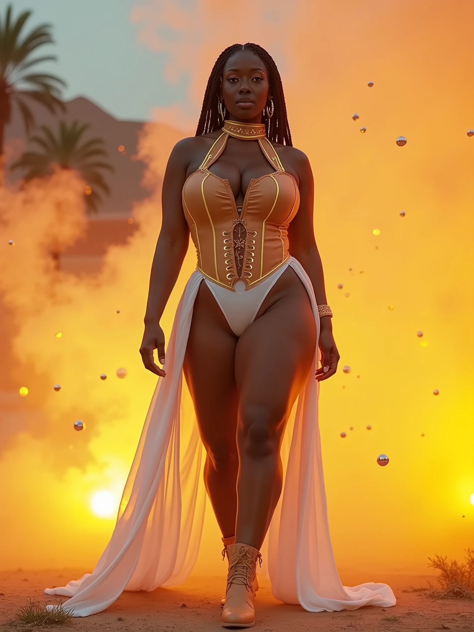 masterpiece ,ultra realistic, photo realism , beautiful black woman , wet lips , brown eyes , long brown hair , loose in the wind, muscular thighs , fat curvy body , voluptuous, cute chubby cheeks (( tattoo on the side of the leg , tribal tattoo )) , very detailed skin , sexy position , golden dress , (( golden greek style dress )) , bright , night sky, all detailed, fireworks in background, town in horizon, strong illumination , striking , 8k