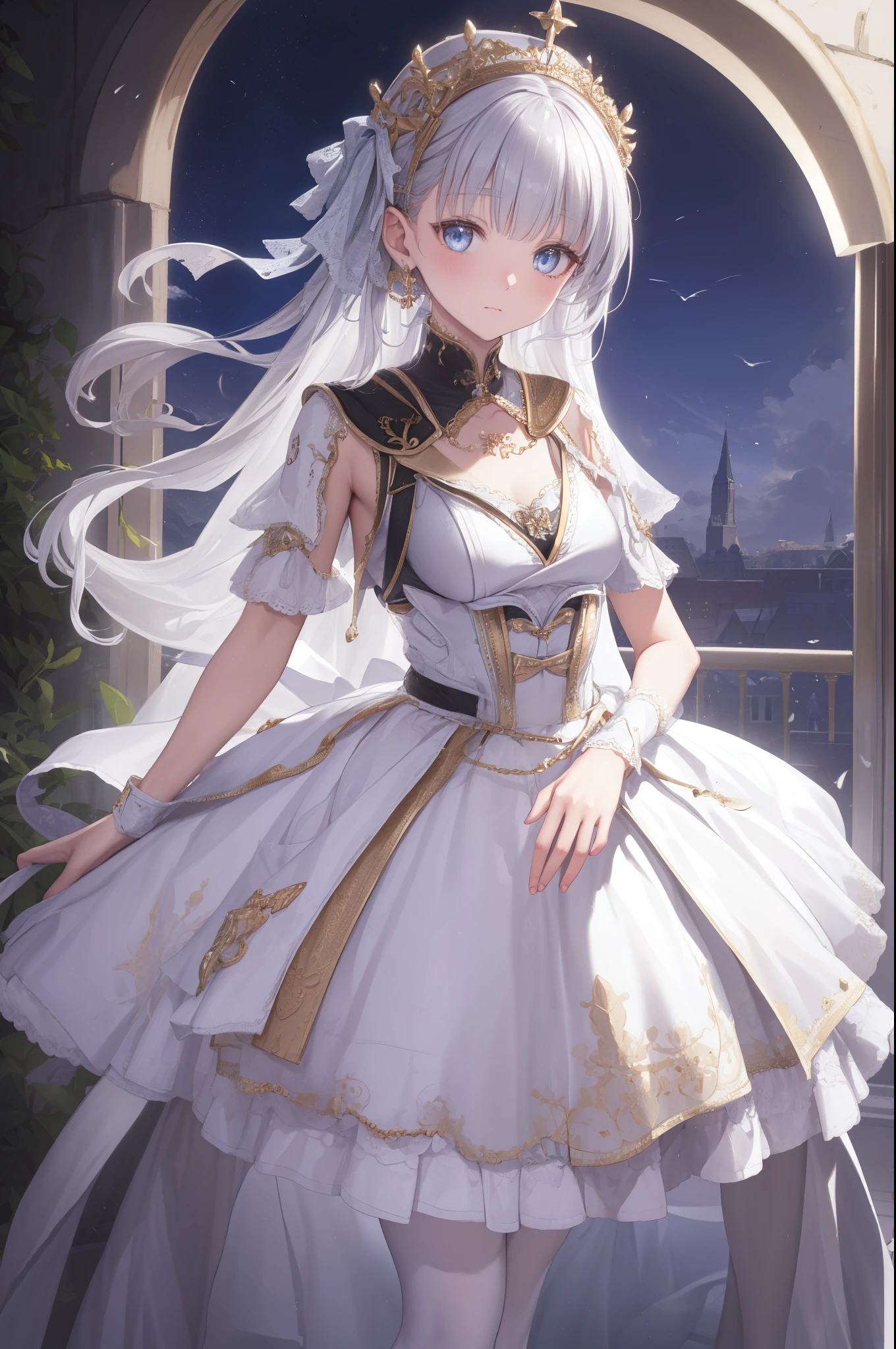 (best quality,4K,8k,high resolution,masterpiece:1.2),Extremely detailed,milf,,magic,enchanting,joy,Divine goddess,magical effect,Silver hair,blue eyes,Transparent dress,Exquisite decoration,Features of the magical costumes of the heavens，A small amount of sky blue cloth,Exquisite clothing,Layered Skirt,detailed lace,Delicate ruffles,bedroom,alone,at night,Lace pantyhose,Sacred stripes,Transparent clothing,Jewelry embellishments，Cute skirt