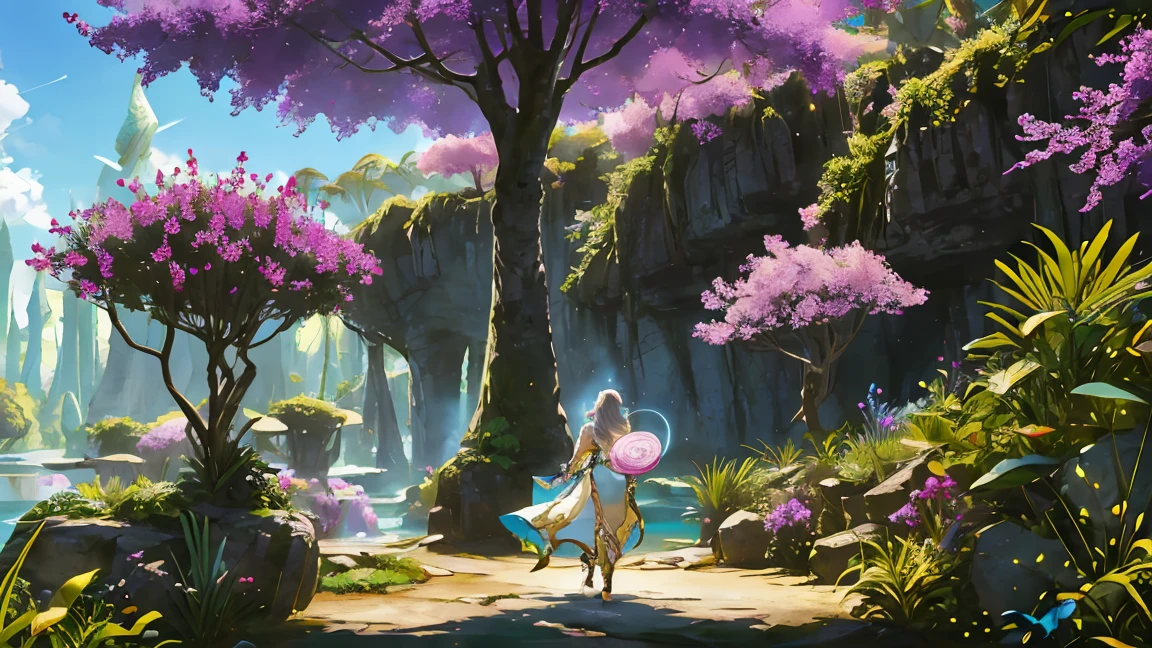 Enchanting 8K Fantasy Scene: A breathtaking female barbarian ((full body)), 1girl, solo, she is walking in paradisiacal landscape. Facing the viewer in an ultra-detailed, photorealistic 8K portrait, she exudes elegance and allure, with porcelain-smooth. Her long silver hair cascades around her face, drawing attention to her captivating golden eyes and an enchanting, gentle smile. Dynamic camera, long torso. Dressed in delicate LIGHT ARMOR. Moon in the sky. Behind her stretches a paradise-like grove, rich with towering trees, vibrant flowers, and sparkling streams under a dramatic sky painted in hues of purple, blue, and pink, evoking a surreal, magical atmosphere. The scene blends dark fantasy with an ethereal, Genshin Impact-inspired style, rendered in ultra-high 4K and 8K resolution with extreme detail and fine art quality. This captivating environment celebrates the beauty of nature as a vivid paradise, contrasting with the warrior’s strong yet graceful presence, inviting viewers into an enchanting and otherworldly realm.