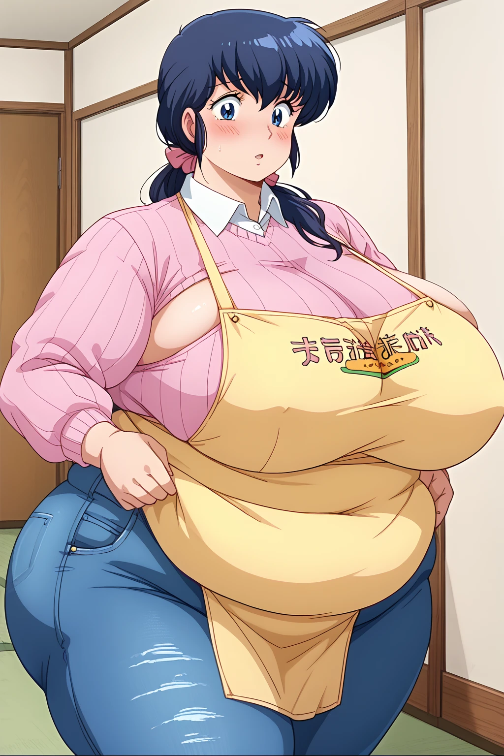 Otonashi Kyoko, Kyoko Otonashi、 long hair、紺色の髪、low ponytail,  pink barrette bow、Dark blue eyes、yellow bib apron、 pink sweater、Blue jeans 、white collared shirt ,Huge Saggy Tits, troubled expression, embarrassing expression ,　blush,milf, chubby, indoor,Apartment hallway,Obese middle-aged woman,Severe obesity, Fat face,ssbbw,weight 150kg, score_9,  score_8_ up、 score_7_ up、 score_6_ up、 score_5_ up、 score_4_ up、 Masterpiece、 top quality, A beautiful woman with an obese figure,  absurd、 source_ anime anime screencap,  one woman、Alone、 personal  、Super huge breasts,  super huge clevis、Super huge, Super huge boob,Curvy、 wide hips、cowboy shot