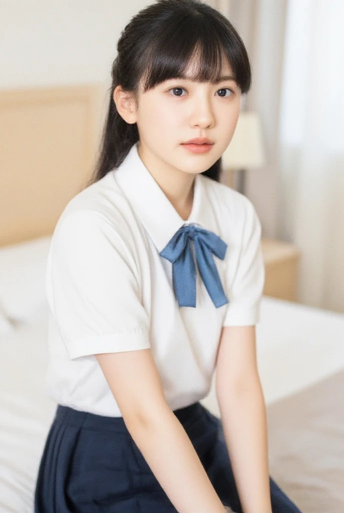 (masterpiece:1.3)、Very fine finish、(High resolution、8k:1.3)、highest quality、Beautiful Hands、Beautiful Hands指、(Ultra-realistic as a photo:1.3), Ultra High Resolution Face、The face is in focus、Ultra high definition and beautiful eyes、(Concentrated eyes:1.3)、(Eyes are symmetrical:1.3)、High quality and beautiful skin、Firm Skin、Natural Makeup、Gloss lips, Ultra HD Hair Texture、Japanese women、high school girl、17 years old、(High School Uniform:1.3), very cute, Very short hair:1.2, (Sitting:1.3), Mid-chest, (Flip up the skirt、Small panties are visible from the skirt:1.1), Pink wall、 (Very embarrassed:1.3), (blush:1.3), (View Viewer:1.2)