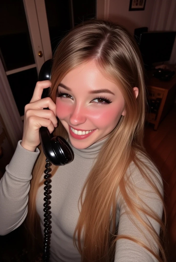  A telephone photograph, Selfie, Cell phone flash ,  smiling,  high angle photo , In a room, blinking, Language, granulated,  dark background, noisy