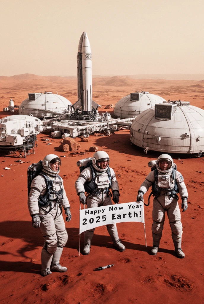 Mars, red planet wasteland, dry, several human made structures domes and connectors, connected into landed space rocket, several astronauts in eva suit cheering and holding banner with text: (Happy new year 2025 Earth!) 