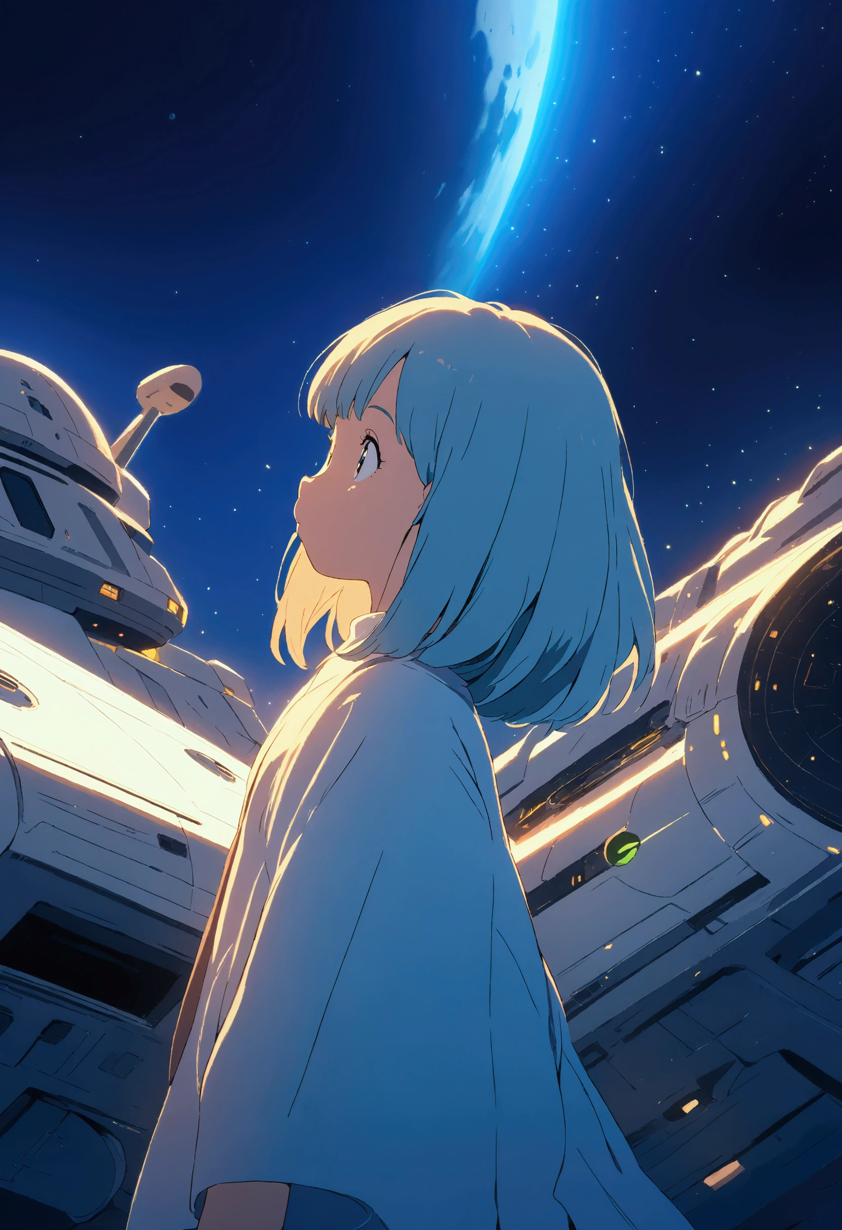 (Japanese anime style, Ghibli style,:1.4), 8k resolution, masterpiece, top quality, Award-winning works, Space Colony,  outer space , spaceship, A Mysterious Girl (gazing blankly out the window), (a space colony floating in space)