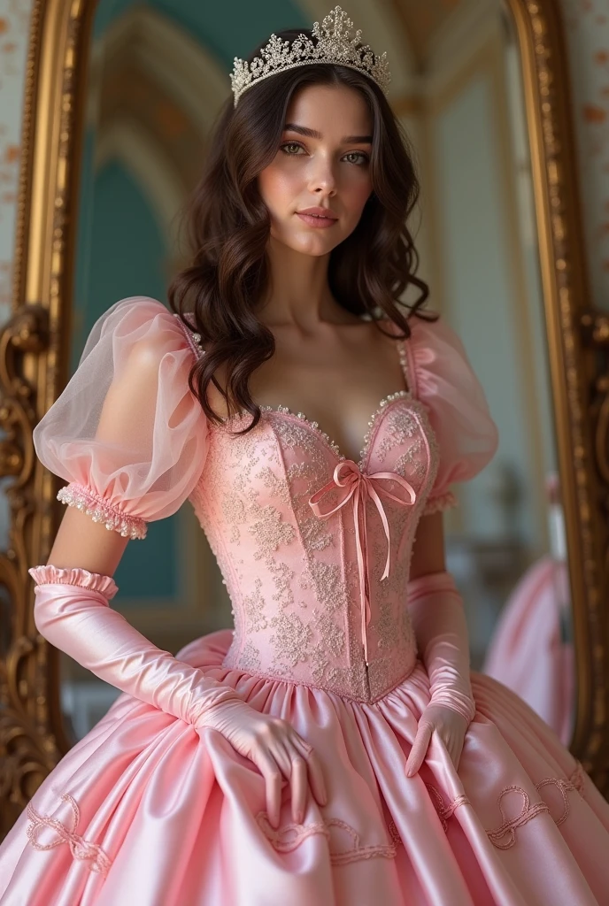Masterpiece, best quality female, (French),(small breast), (very long curly pink volumetric hair:1.33), (white crinoline inside with red corset outside:1.33), (long red skirt:1.33), flat headband, (detailed beautiful hazel eyes:1.33), detailed blush smiling face, slim body, perfect anatomy, very cute, dynamic pose, showing some leg, perfect shading, dramatic lighting, rendered in 8K resolution for high-quality detail, trending on art station, concept art, smooth, sharp focus, in a saloon, highly detailed, soft natural volumetric, cinematic perfect light, intricate details