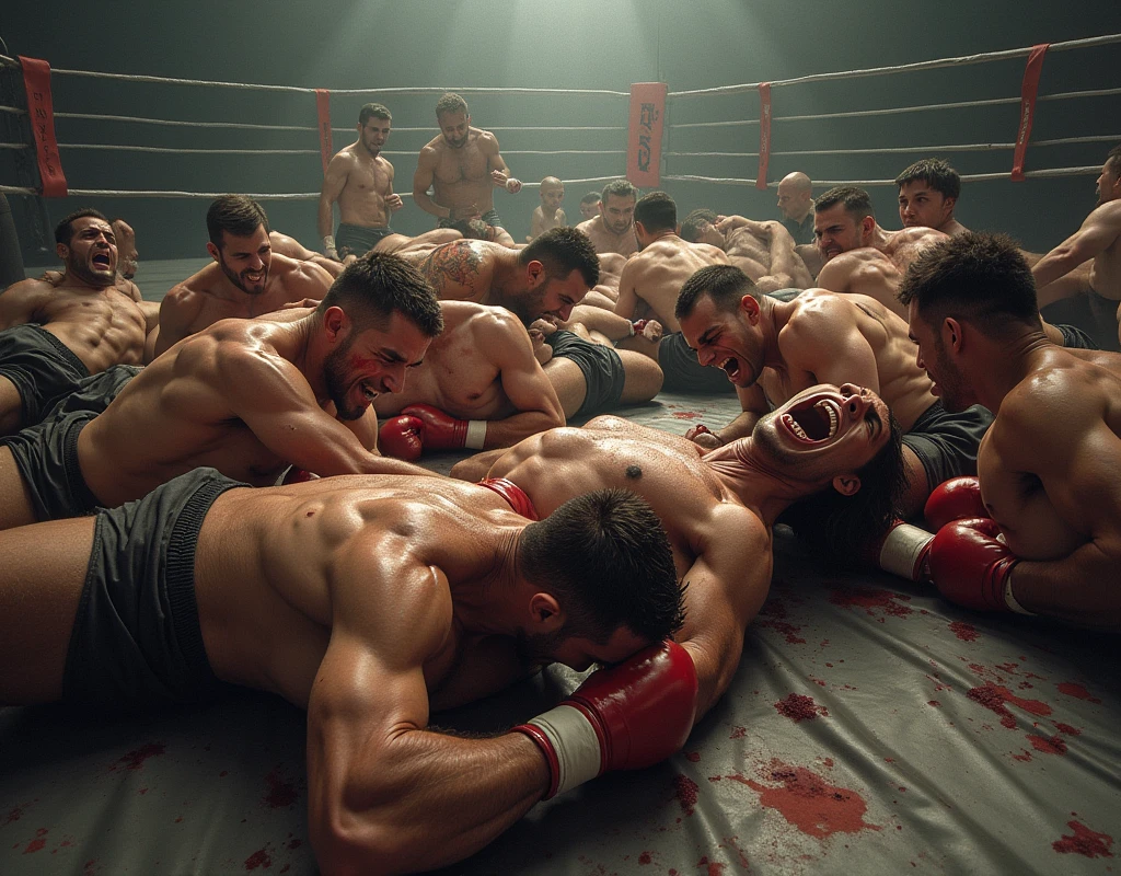 A gut-wrenching scene of humiliation unfolds as a group of hairy, muscled men gang-rape a young, hairy Tom Daley. On his knees and surrounded by four elderly, grizzled figures, Tom's mouth hangs wide open, drooling with a look of utter despair and defeat. His skin is slicked with sweat and a sheen of tears as the older men take turns pissing on him. Tom’s face is covered in milk. Milk pours out of Tom’s gaping mouth. Tom’s wide eyes are full of tears and he looks terrified. 
