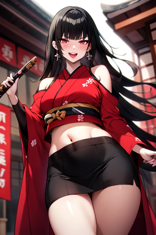 ,1girl,((dynamic pose))  Guideau, black hair, solo, long hair, choker,  black choker, purple eyes, jewelry,  bangs, hair between eyes, earrings, blush, lipstick, masterpiece, best quality, highly detailed, a anime girls in kimono dress with a sword posing for a
picture, bare shoulder,open kimono, evil smile, open mouth, crop top , (nsfw) not safe for work, smile,
????? anime style, anime girls, ????? style, ?????, digital anime art!!, in anime style, official artwork, visual
novel cg, beautiful anime girl, anime style 4 k, kimono pencil skirt, exposed belly, exposed navel,
exposed midriff, exposed lower belly, outdoor, japanese architecture, temple,