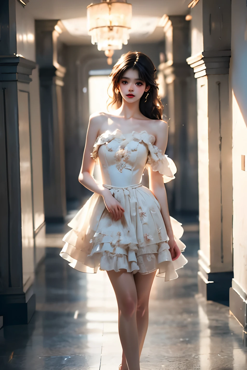 Sweet girl dress 2,a skirt, ((cowboy shot)), ((ultra-realistic realism+pure),The eyes are bright,white skin skin),hight contrast,high-definition picture quality,Dynamic tilt,a tall nose,Magnificent palace,Flare effect,Realistic details,Unity 8k壁纸,Super fine,Beautiful masterpiece,top-quality,Glowing skin,电影灯光,Sweet and cute,cabelos preto e longos。