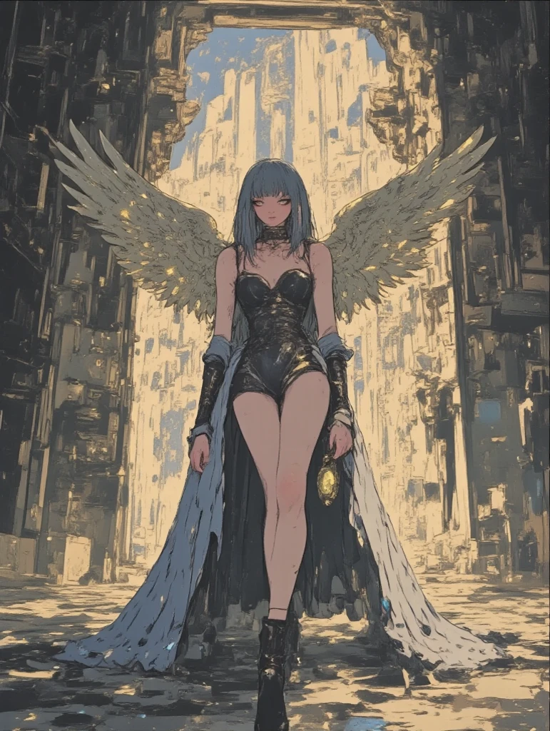 dark dream, rough stroke anime, Deep within an ancient, crumbling ruin, a colossal altar stands at the heart of a grand, dimly lit chamber. Atop the altar, a majestic winged goddess is revealed, her figure radiant and awe-inspiring. Her wings, vast and shimmering with intricate feather details, glow softly with hues of gold and white. A cascade of golden light pours down like a waterfall from a mysterious opening above, bathing the goddess and the surrounding area in a divine, otherworldly glow. The chamber is adorned with ancient carvings, overgrown vines, and faint traces of mystical energy radiating from the walls. The scene is both breathtaking and sacred, evoking a profound sense of wonder and reverence
