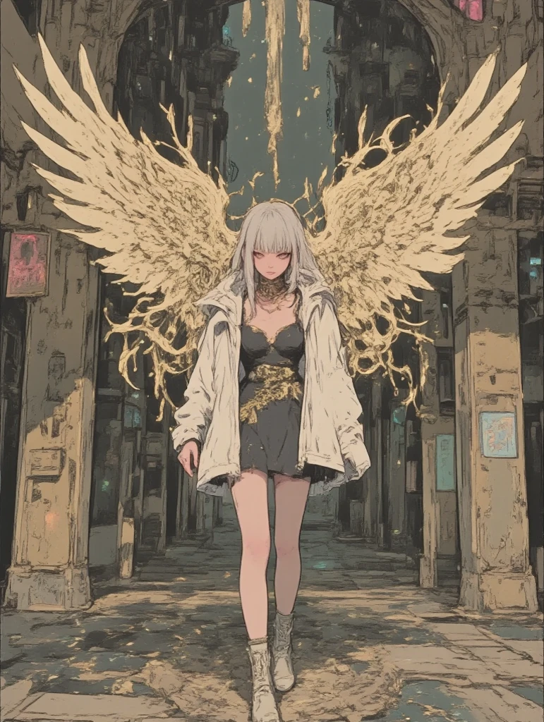 dark dream, rough stroke anime, Deep within an ancient, crumbling ruin, a colossal altar stands at the heart of a grand, dimly lit chamber. Atop the altar, a majestic winged goddess is revealed, her figure radiant and awe-inspiring. Her wings, vast and shimmering with intricate feather details, glow softly with hues of gold and white. A cascade of golden light pours down like a waterfall from a mysterious opening above, bathing the goddess and the surrounding area in a divine, otherworldly glow. The chamber is adorned with ancient carvings, overgrown vines, and faint traces of mystical energy radiating from the walls. The scene is both breathtaking and sacred, evoking a profound sense of wonder and reverence
