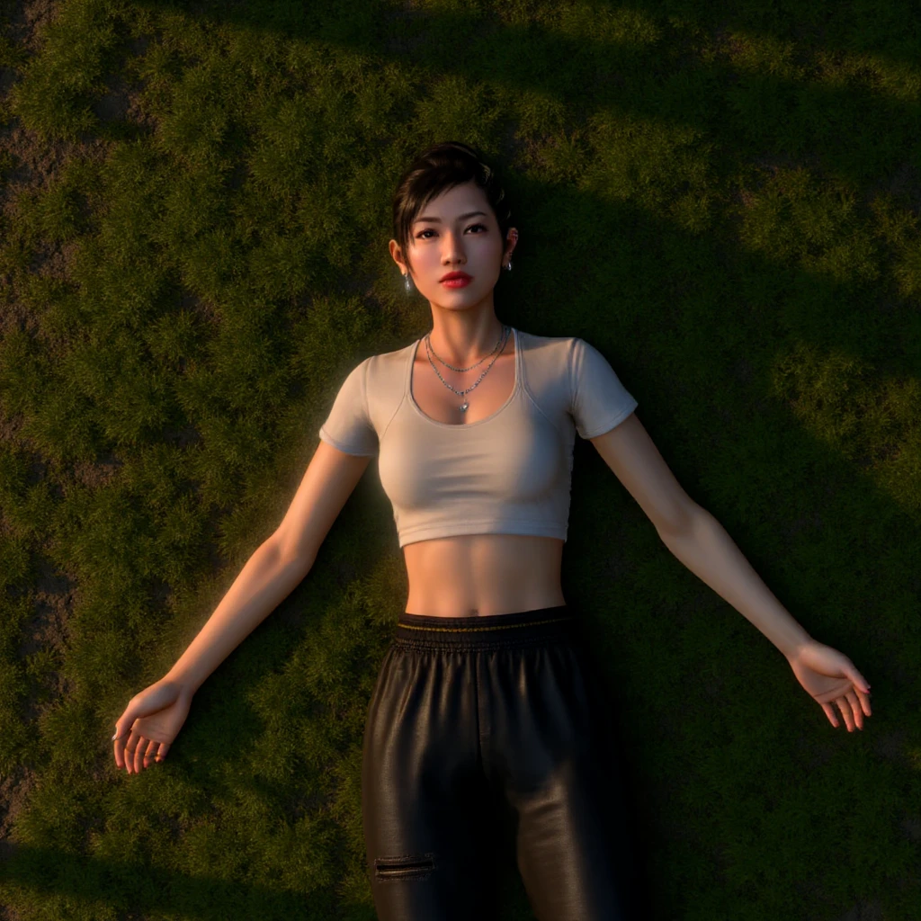 Top-down, full-body view of Chitose Fujinomiya, lying unconscious and defeated on a bed of lush, green grass, her body broken in exhaustion and despair. Her outstretched arms rest chaotically at odd angles, fingers slack, as if grasping at something just out of reach. Her legs are slightly bent at the knees, contributing to her vulnerable, collapsed posture. Her signature bun-style hair has come undone, strands of tangled and messy hair spilling around her head. Her face tells a haunting story – eyes closed tightly, her brows furrowed with pain and anguish, the faint trace of tears staining her cheeks, as if mourning an unbearable loss. She is dressed in a sleek, short-sleeved crop top, distressed black training pants, and worn sneakers, her minimalist makeup smudged from the ordeal. Delicate silver earrings glint softly, along with a small pendant lying against her collarbone, its brightness contrasting with the scrapes and bruises marking her exposed skin.

The setting immerses her in the golden hour light of late afternoon, sunlight filtering through the nearby trees to create fragmented patterns of soft warmth and shadow across her motionless form and the vibrant grass. The vivid, ultra-realistic textures of her garments, her wounded, dirt-streaked skin, and the tousled grass highlight the brutality of her struggle. This is a portrait of defeat – her body and spirit are weighed down by her failure, unable to rescue her . The tender yet eerie ambiance emphasizes a bittersweet contradiction: despite the beauty of the scene, the raw emotion of loss lingers heavily, drawing the viewer into a haunting and cinematic moment of tragedy and vulnerability.