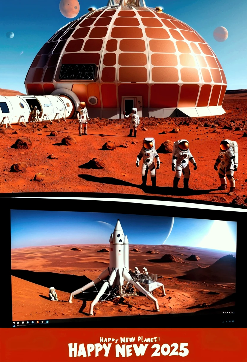 Mars, red planet wasteland, dry, several human made structures domes and connectors, connected into landed space rocket, several astronauts in eva suit cheering and holding banner with text: (Happy new year 2025 Earth!) 