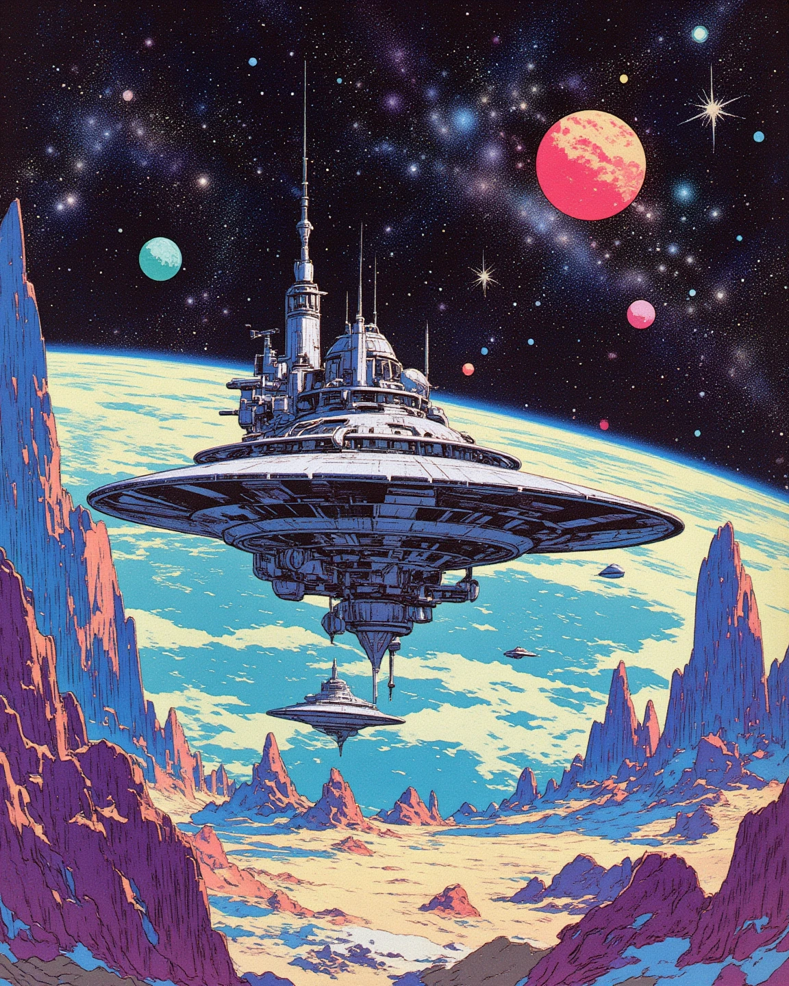 Space colony flying over a planet with universe in the background, 1980s retro sci - fi art, 

cyberpunk style inspired by Josan Gonzales, Planet Surreal, Iridescent Ink Flow In universe, by Peter Elson, in peter elson color scheme, roger dean art, in style by tim white art, 
ukiyo-e, in the style of rudolph-belarski