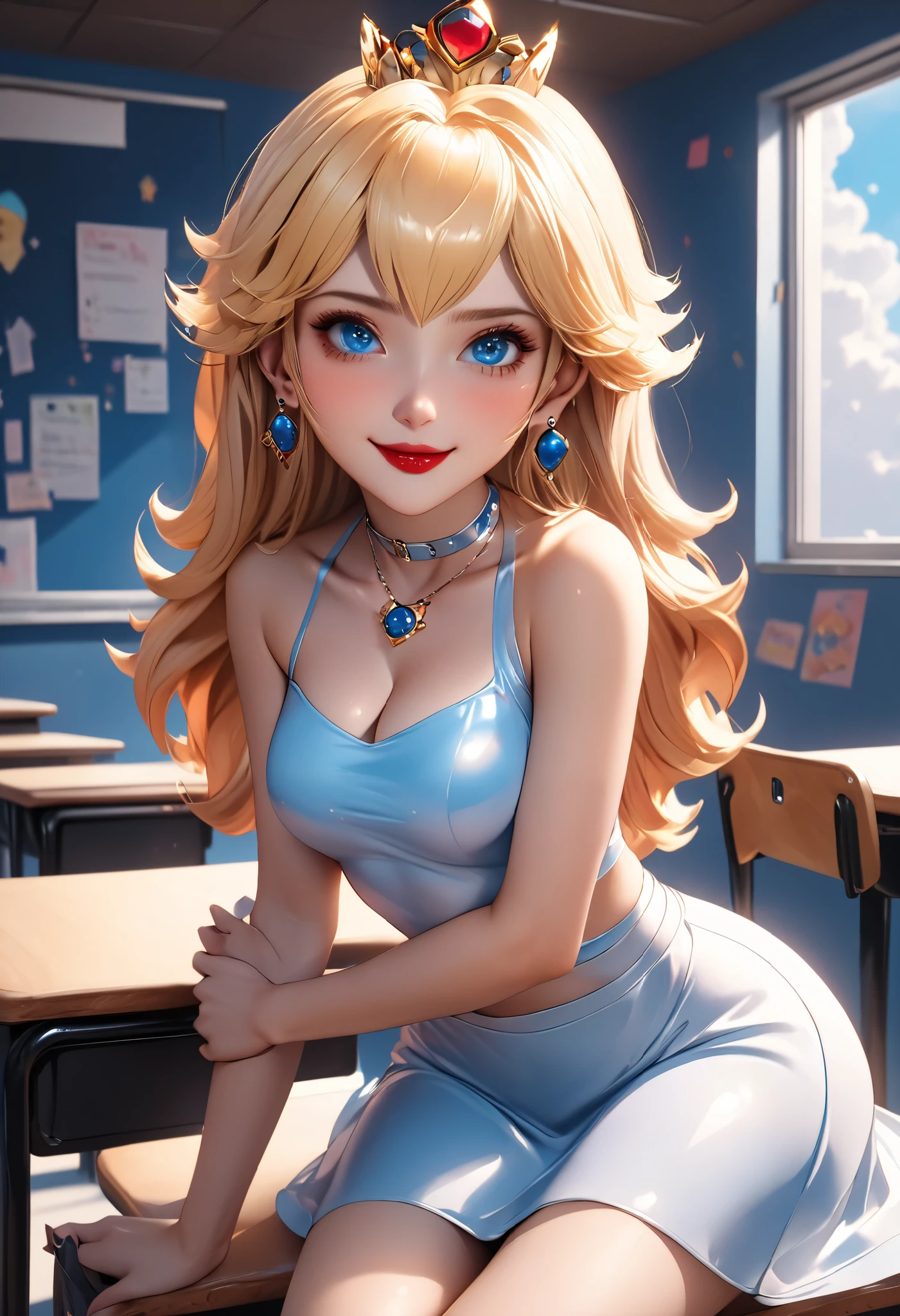 8k,masterpiece, CGSTATION, hyper CGI style, arte extremadamente detallado de artgerm, photorealistic chica anime render, A 4k anime drawing style, best quality, 3D rendering, INTRICATE, Cute Girl, hyper detailed, medium bust, 27 years old, a woman, navel, sensual smile, red lips, super detailed skin, super beautiful eyes, Princess Peach, is standing in front of the viewer, blue eyes, shoulderless, sleeveless, noise perfect, nice legs, pose, front, legs crossed, hair blonde, long hair, She is wearing earrings that are round and large, the earrings are a bright sky blue color, the earrings are smooth and shiny, V neckline, perfect nose, nice legs, pose, front, legs crossed, is a teacher, setting: classroom, teacher accessories, glasses, short pink blazer, white a-line skirt, black footwear pump, book under the arm,