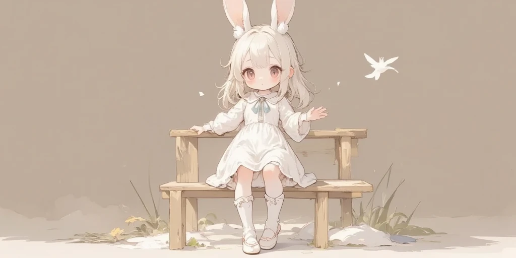 (text says "generate your OC fanart till 5th UTC"). cute chibi rabbit girl sitting, minimalism,simple background. sepia monotone