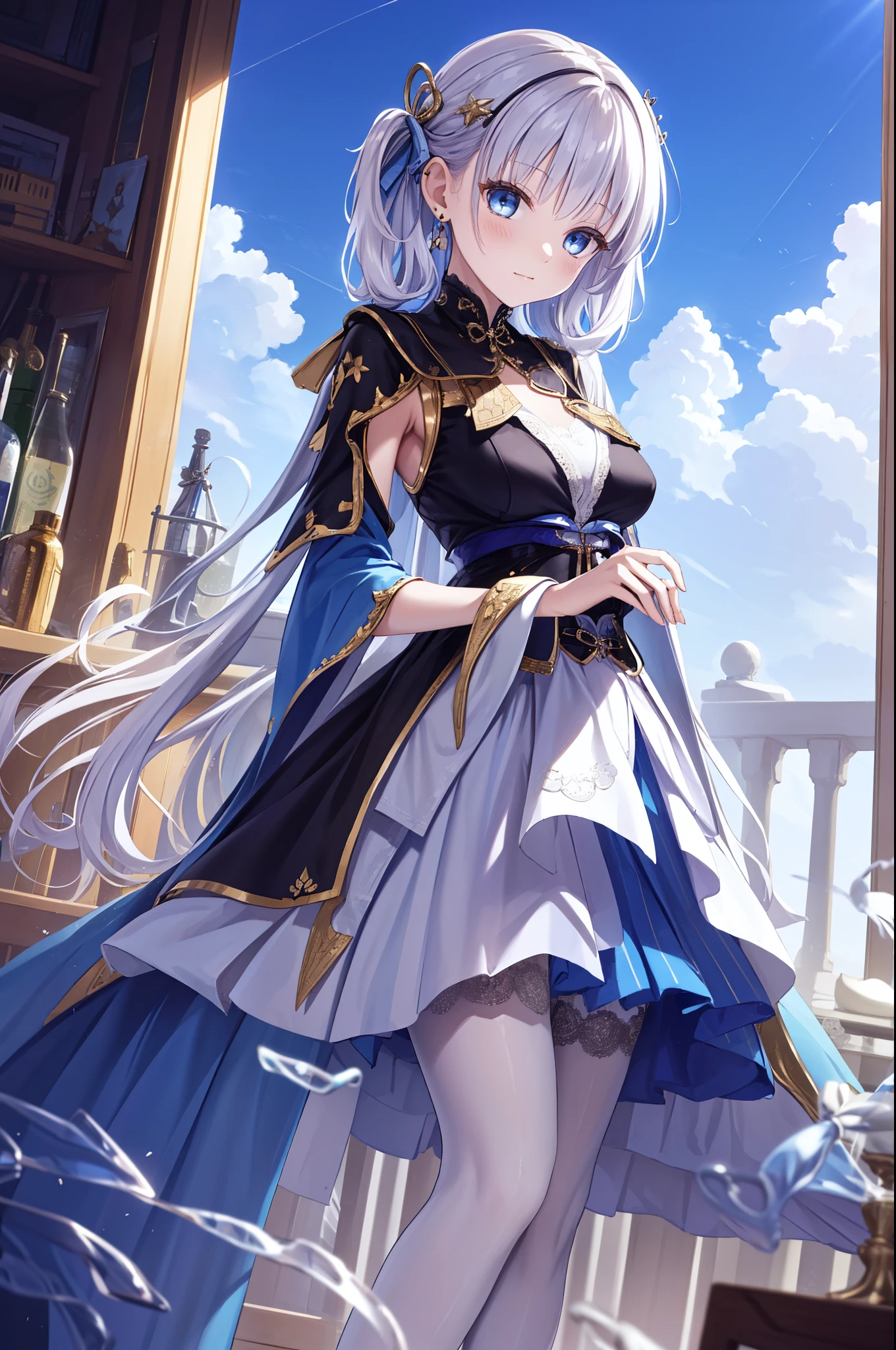 (best quality,4K,8k,high resolution,masterpiece:1.2),Extremely detailed,milf,,magic,enchanting,joy,Divine goddess,magical effect,Silver hair,blue eyes,Transparent dress,Exquisite decoration,Features of the magical costumes of the heavens，A small amount of sky blue cloth,Exquisite clothing,Layered Skirt,detailed lace,Delicate ruffles,bedroom,alone,at night,Lace pantyhose,Sacred stripes,Transparent clothing,Jewelry embellishments，Cute skirt