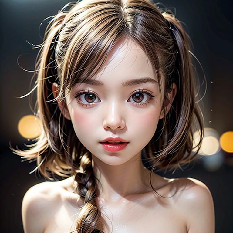 (highest quality,Super detailed,Physically Based Rendering:1.2), Realistic,Portraiture,Beautiful young woman with Braided hair and captivating eyes,Delicate facial features,Soft lighting, Vibrant colors, ((Playfully licking fingers with tongue, Gently placing a finger in the mouth)),Subtle expressions of joy and anticipation,Romantic atmosphere, (Close-up shot of sensual lips),Cheeks turn slightly red,Sensual and sophisticated,A gentle and captivating gaze. centered, Studio gray background . Clear Whitening Skin with glowing DowneyHair .