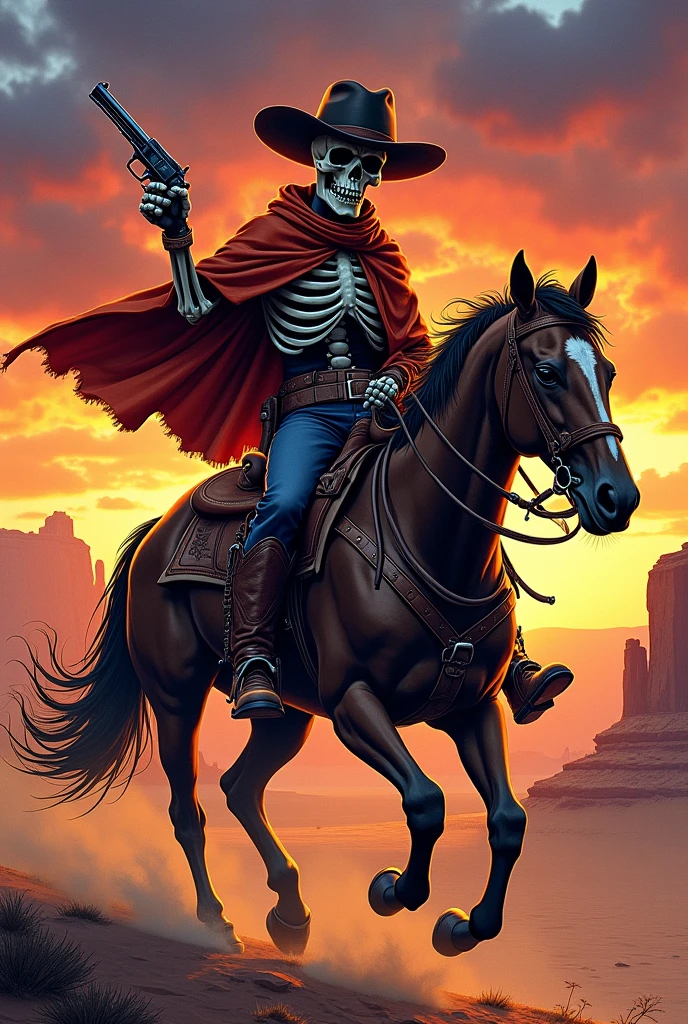 "A highly detailed illustration inspired by JoJo's Bizarre Adventure style, featuring a skeleton dressed as a cowboy riding a horse. The skeleton wears a wide-brimmed hat, leather boots, and a rugged poncho, holding a lasso or revolver. The horse is depicted in a traditional style with a leather saddle and reins. The background is a vast desert with dramatic colors, a vibrant sunset, and distant rock formations. The composition emphasizes dynamic poses, vibrant colors, sharp lines, and intricate shading, creating an adventurous and dramatic atmosphere."