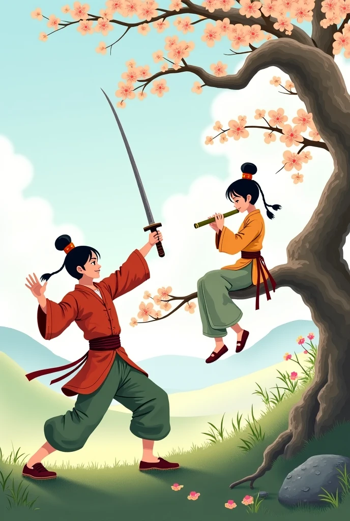 （nmasterpiece，最佳质量：1.2），chinese traditional ink painting，Two little boys fighting in a jousting，Wear Hanfu，Barefoot，There is a cricket on the ground，riverside，Peach blossom tree
