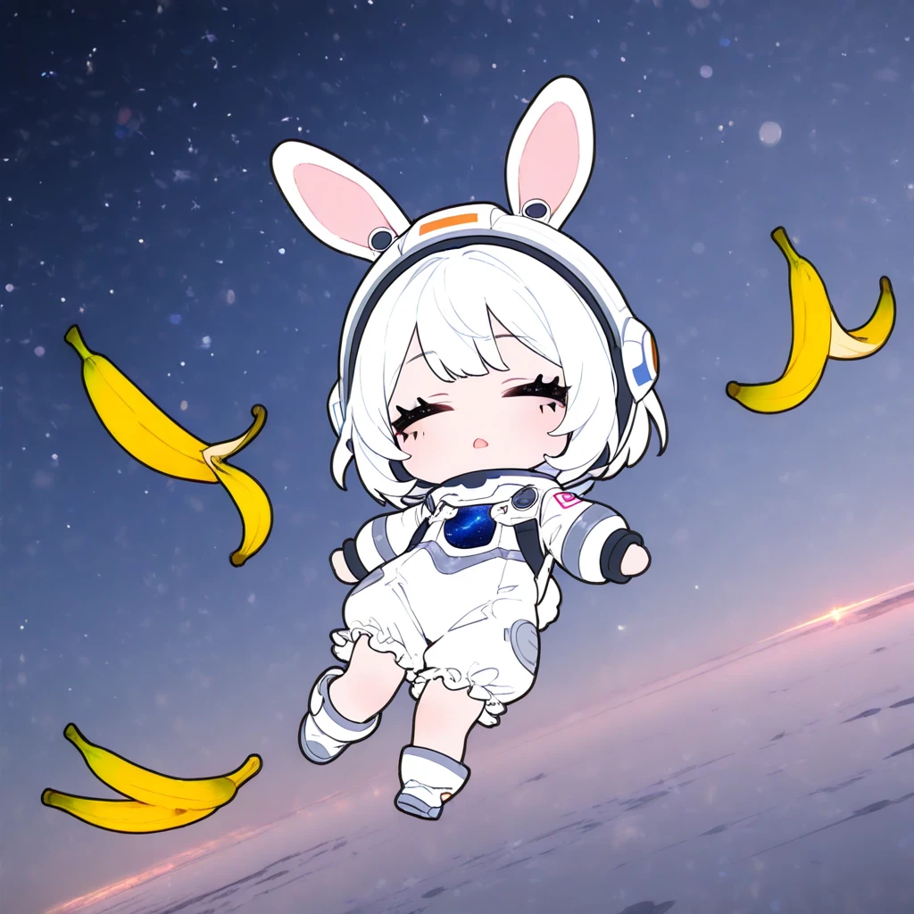 (solo),1girl\((chibi:1.3),cute,kawaii,shiny short white hair, bunny ears, (closed eyes), (black long eyelash:1.2), expressionless face,open mouth,beautiful skin,white frilled romper spacesuits,(1white rabbit-tail:0.6),full body, (drifting:1.3) beautiful cosmic space,helmet\), many banana (peel:1.2), masterpiece, best quality, very aesthetic, highres, absurdres, 3d,minimalist,longshot,dynamic angle,comedy mood,(flat color)