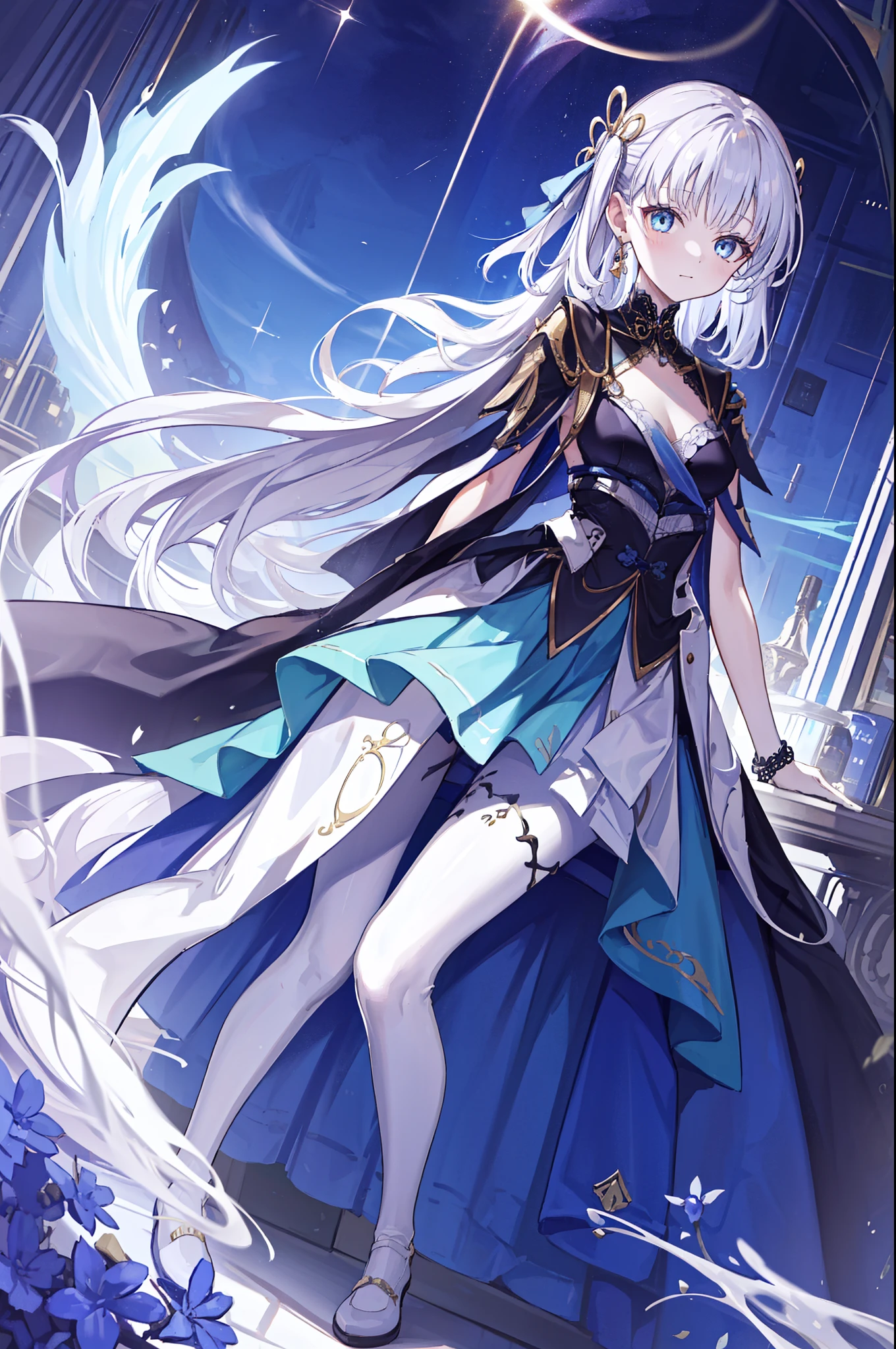 (best quality,4K,8k,high resolution,masterpiece:1.2),Extremely detailed,milf,,magic,enchanting,joy,Divine goddess,magical effect,Silver hair,blue eyes,Transparent dress,Exquisite decoration,Features of the magical costumes of the heavens，A small amount of sky blue cloth,Exquisite clothing,Layered Skirt,detailed lace,Delicate ruffles,bedroom,alone,at night,Lace pantyhose,Sacred stripes,Transparent clothing,Jewelry embellishments，Cute skirt