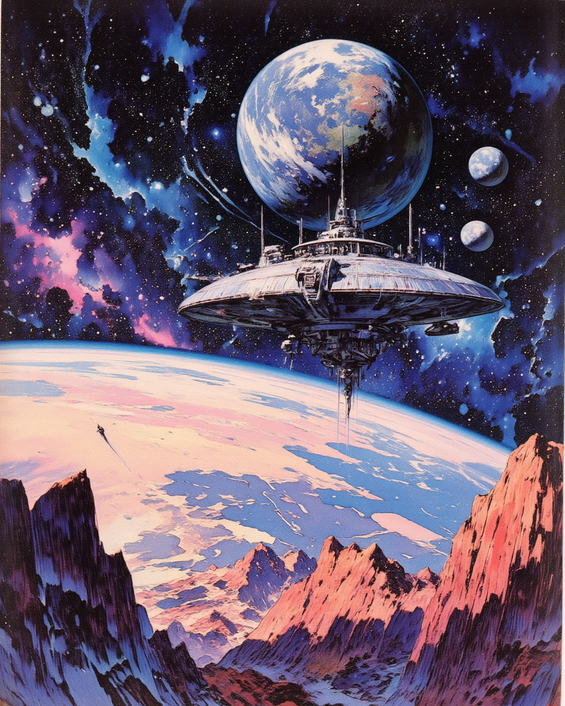 Space colony flying over a planet with universe in the background, 1980s retro sci - fi art, 

cyberpunk style inspired by Josan Gonzales, Planet Surreal, Iridescent Ink Flow In universe, by Peter Elson, in peter elson color scheme, roger dean art, in style by tim white art, 
ukiyo-e, in the style of rudolph-belarski, Comic book style